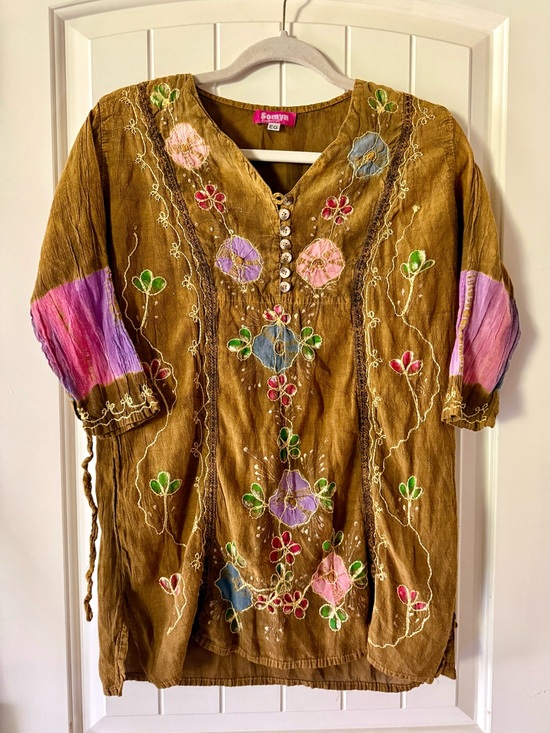 Somya Tops - Vintage Somya Brown Embroidered Floral Tunic with Colorful Accents Y2K